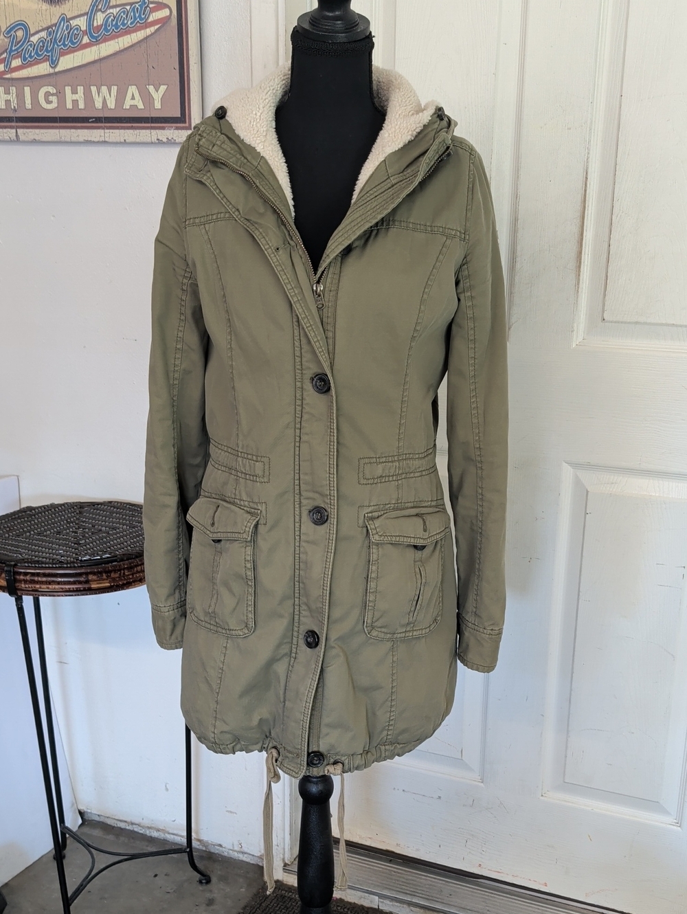 Abercrombie Fitch sherpa lined twill parka in Army Green Women M Y2k Style